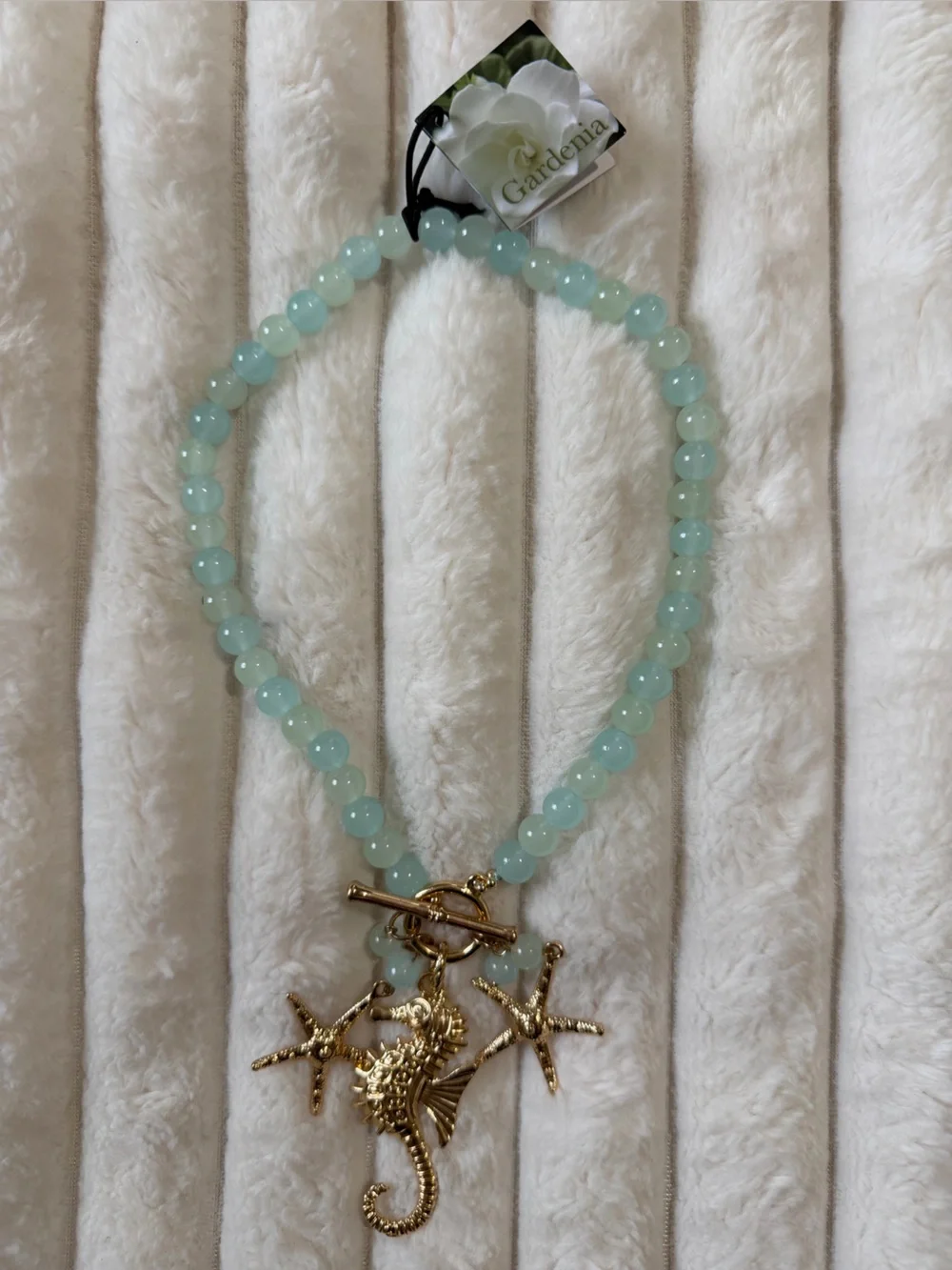 Gardenia High quality crystals /Gold Seahorse Pendant Beaded Necklace - Seafoam - Picture 3 of 5